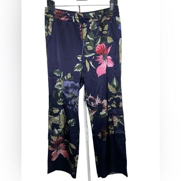 Johnny Was Biya Navy Blue Multi Silk Floral Wide Leg Cargo Chiome Pants Small - Picture 2 of 13